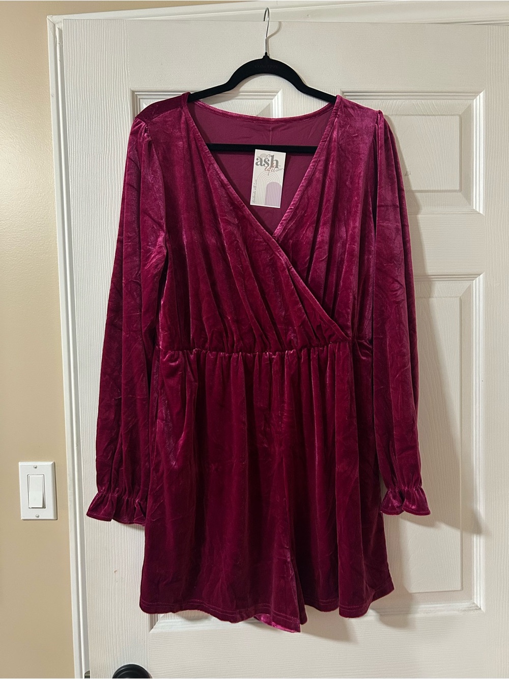 ash Velvet Long-Sleeve Wrap Romper in Berry Plum
